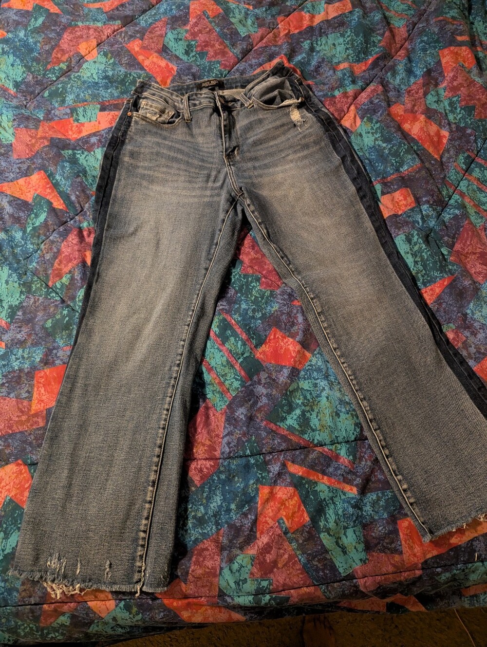 Judy Blue Jeans Women Size 14W Blue Two Tone Side Stripe Raw Hem Straight Y2K Bo